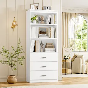 FOTOSOK 71" H White Bookshelf with Drawers, Bookshelf and Bookcase with 3-Tier Open Shelves, Tall Multi-Tier Bookcase Tall Storage Cabinet for Home Office