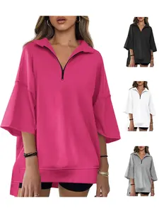 FISOEW Womens Oversized Sweatshirt Casual Zip Up V Neck 3/4 Sleeve High Low Pullover Tunic Tops Fit Hoodie y2k outfits school outfits Womenswear Zipper Style country concert outfits shirts women long sleeve tops vintage graphic tees Everyday Basic
