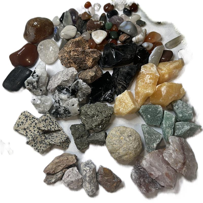 Mixed Gallon Mining Bucket with over 4 lbs of Polished and raw crystals, pyrite, amethyst, black obsidian, rainbow moonstone, green jasper, and spider jasper home decor natural crystal