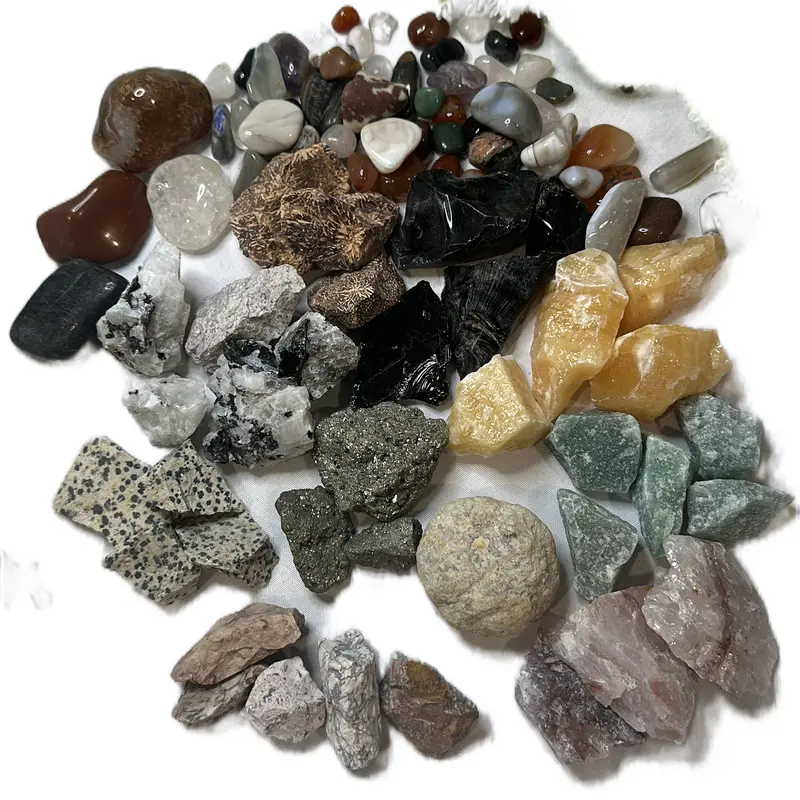 Mixed Gallon Mining Bucket with over 4 lbs of Polished and raw crystals, pyrite, amethyst, black obsidian, rainbow moonstone, green jasper, and spider jasper home decor natural crystal