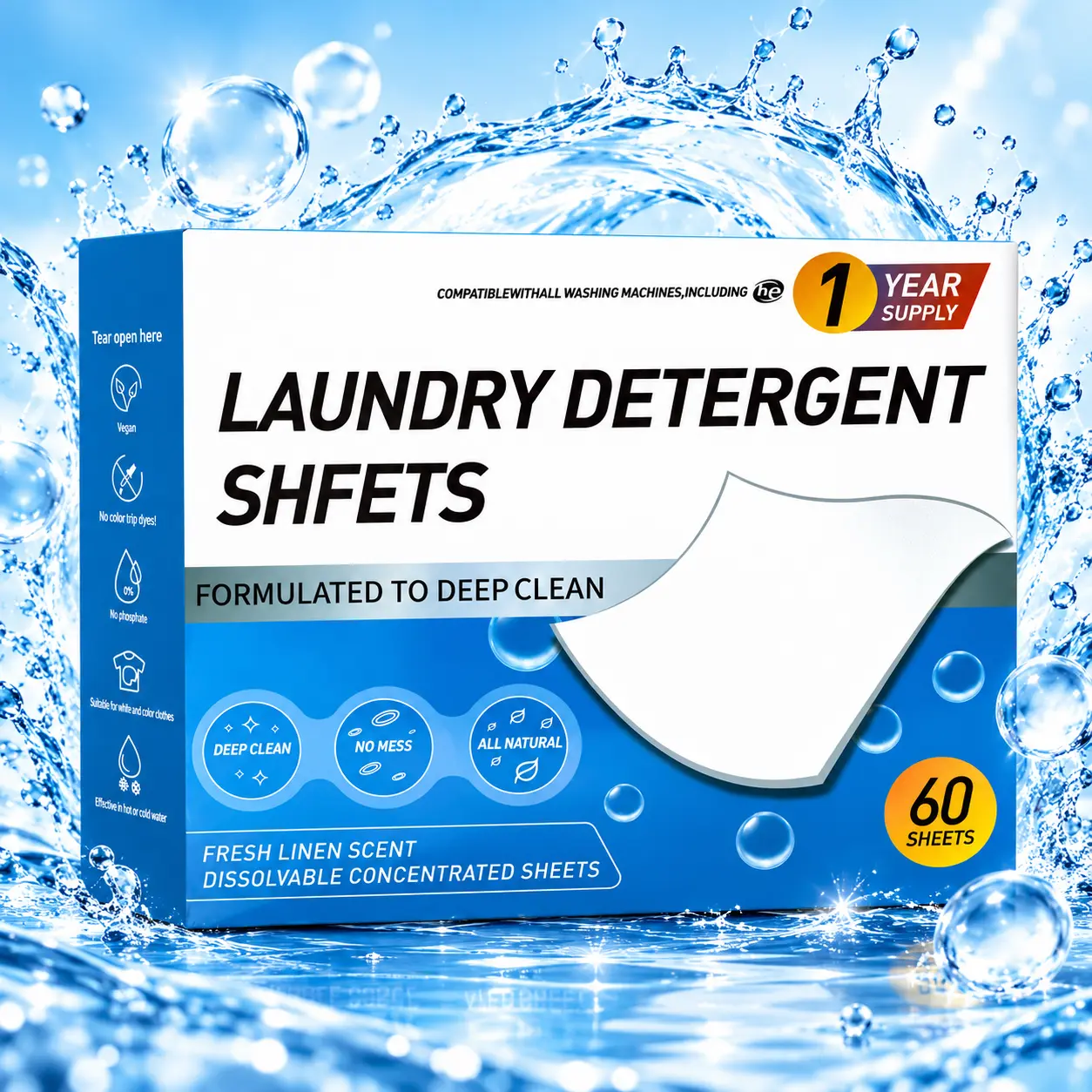 60 Pcs Laundry Detergent Sheets for Clothes, Dissolvable Detergent Sheets, Powerful Cleaning & Fresh Scent