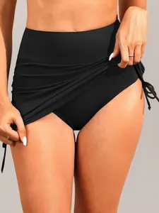 Women's Solid Color Swim Skirt with Brief, Casual Comfy Breathable Swim Bottom for Summer, Ladies Swimwear for Beach Swimming, Ruched Bikini Bottoms