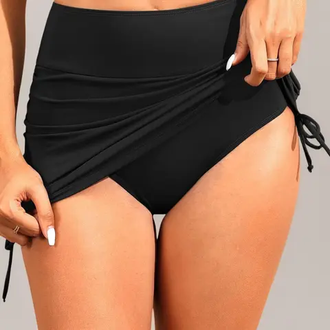 Women's Solid Color Swim Skirt with Brief, Casual Comfy Breathable Swim Bottom for Summer, Ladies Swimwear for Beach Swimming, Ruched Bikini Bottoms, Swimming Clothing