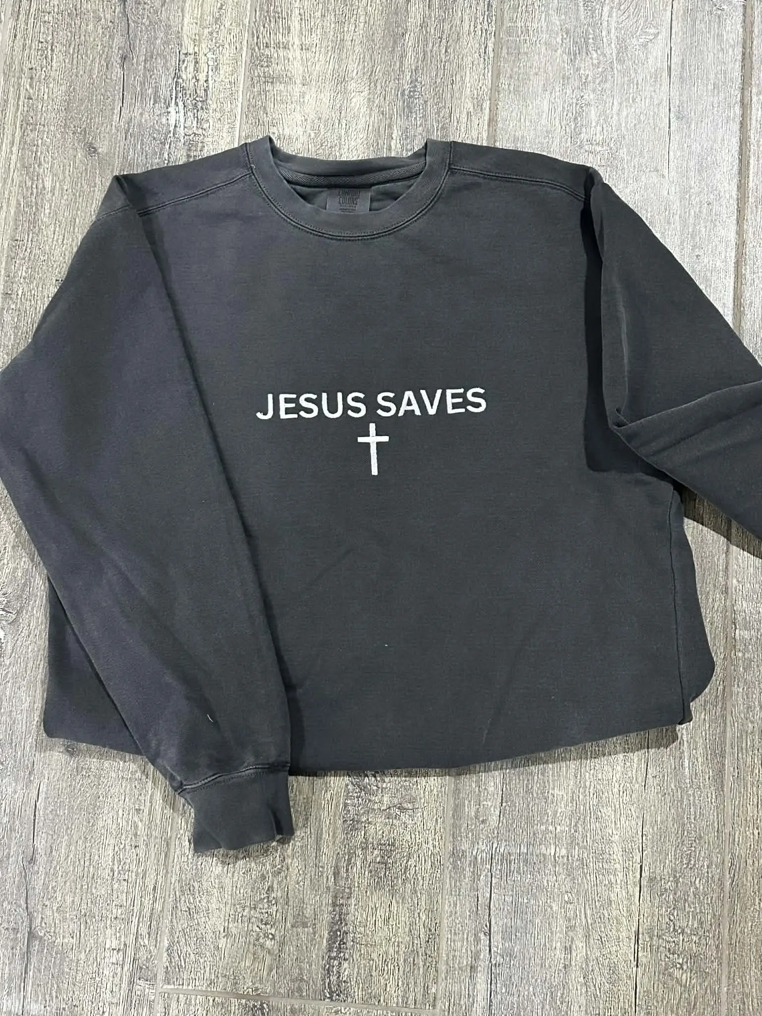 Jesus Saves Black Long Sleeve Crew Neck Sweater with Cross Design