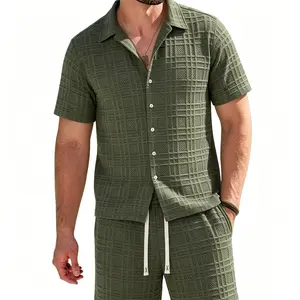 Men Summer Casual Two Piece Outfit Short Sleeve Button Down Lapel Shirt And Drawstring Waist Shorts Embossed Plaid Texture Matching Tracksuit Set