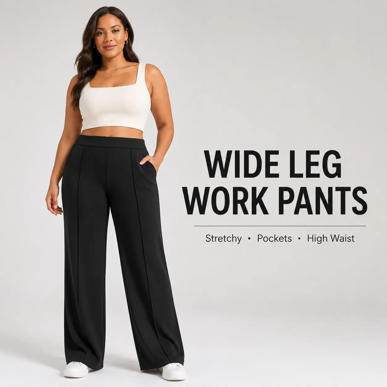 DLOODA Women's High Waisted Pull-On Work Pants, Plain Wide Leg, Casual Comfy Stretch Fabric, Slant Pockets, All Seasons, Machine Washable, All Black Fit