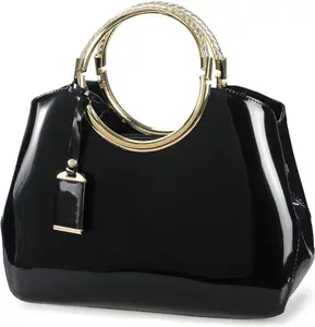 Charm Glossy Metal Grip Structured  Handbag Women Satchel