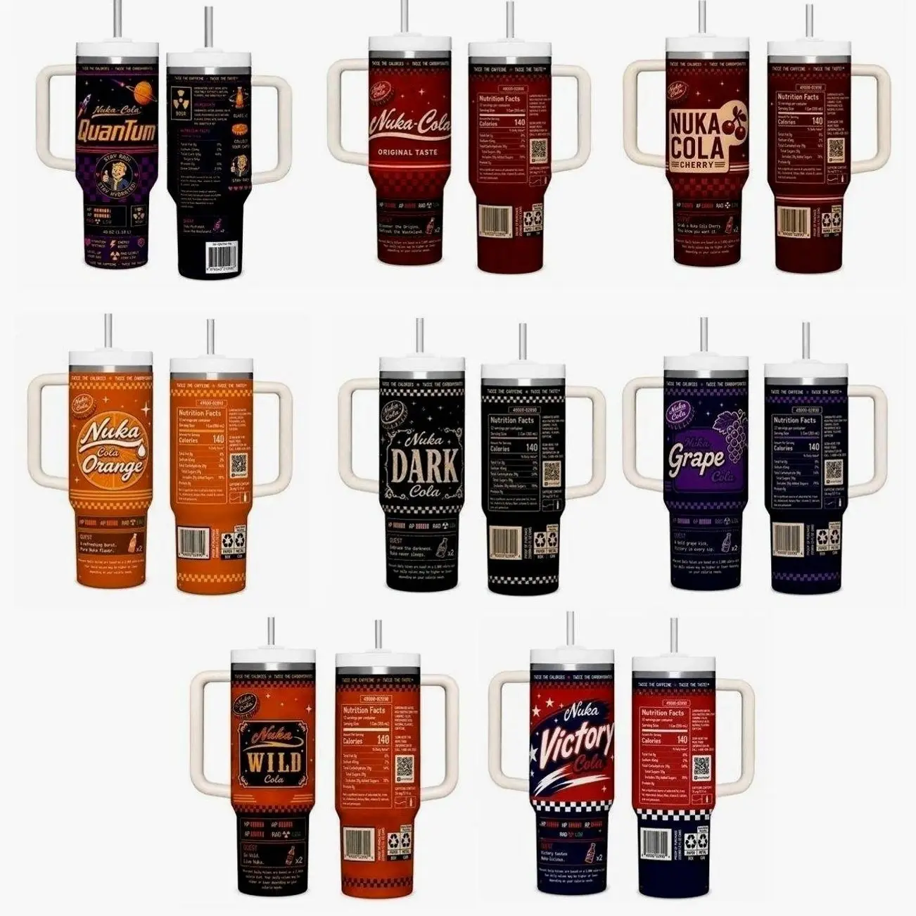 Fallout Nuka-Cola Flavor Collection 40oz Insulated Stainless Steel Tumbler with Handle & Straw - Choose Quantum, Original, Cherry, Dark, Grape, Orange, Wild, or Victory Nutrition Facts Label Design