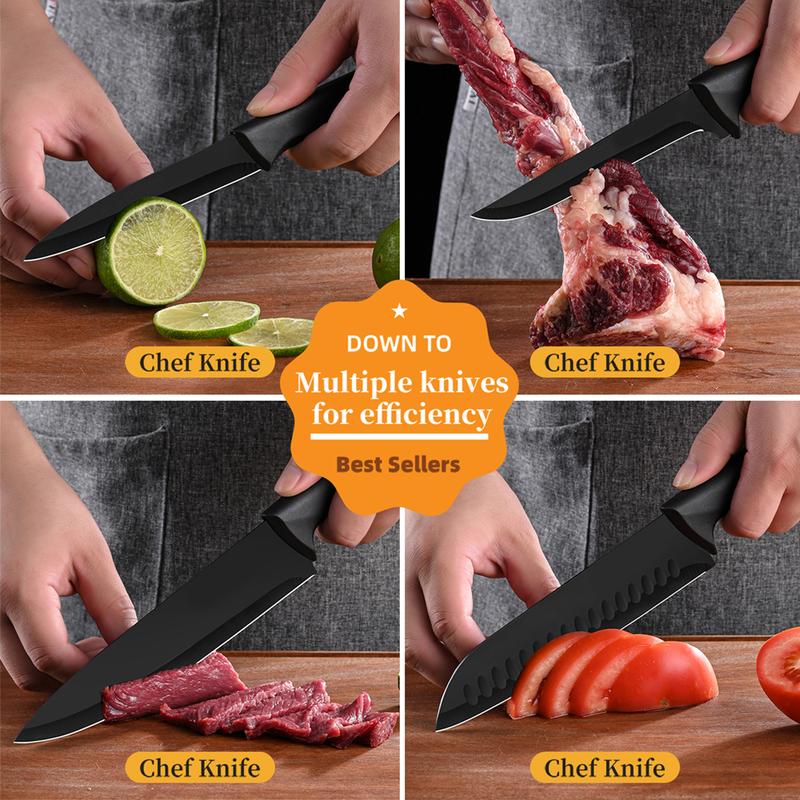 XBJ Knife Set with Knife Block, 15-Piece Rainbow Titanium Knife Block Set, Cooking Steak Knife Set with Black Handles.