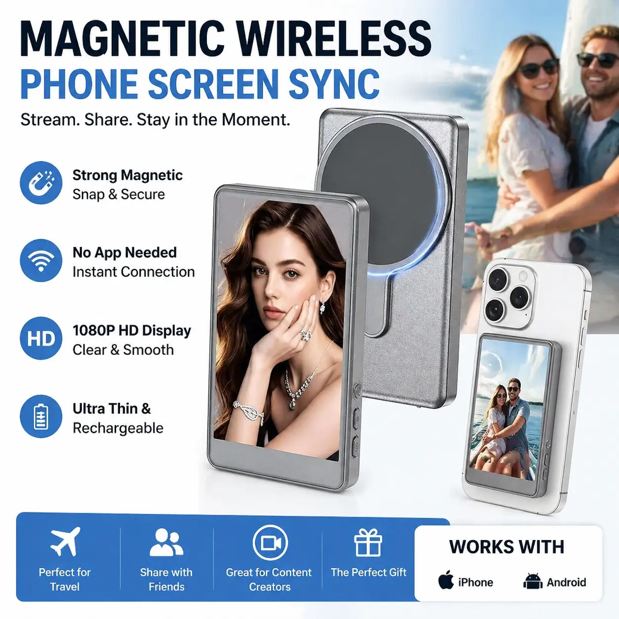 [Free Deliver] Tukio 2026 Magnetic Phone Vlog Selfie Monitor Screen 1080P Wireless Recording for iPhone & Android Compatible with TikTok Instagram YouTube Content Creation Portable Plastic Material