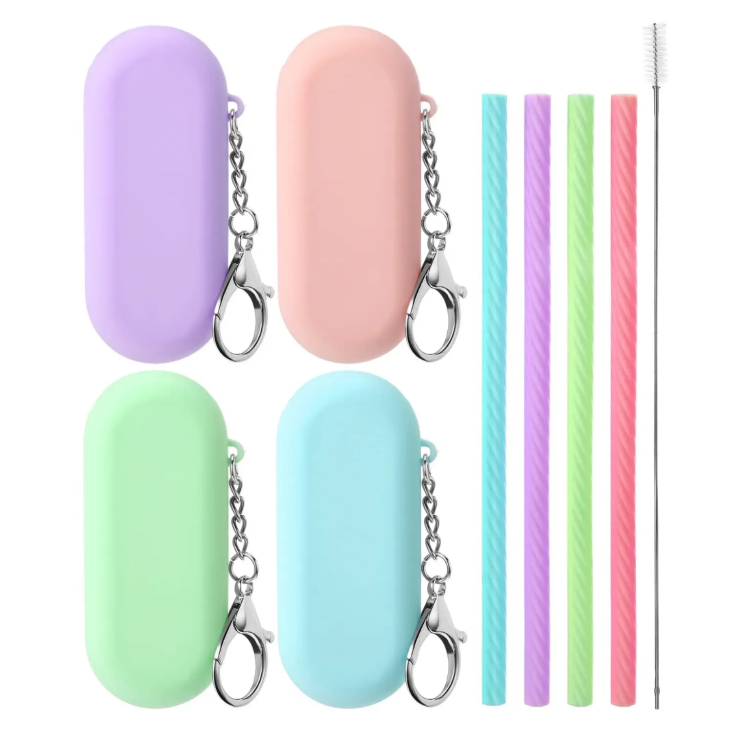 Set of 4 Silicone Straws with Case and Keychain, Reusable Collapsible Straws Travel Straws with Cleaning Brushes, Portable Foldable Drinking Straw for School, Office, Summer Party, Picnic