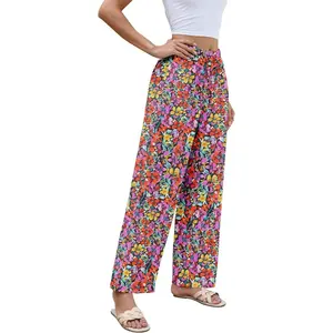 Womens Flowy Waist Wide Leg Palazzo Pants Loose Fit Casual Beach Drawstring Trousers with Pockets
