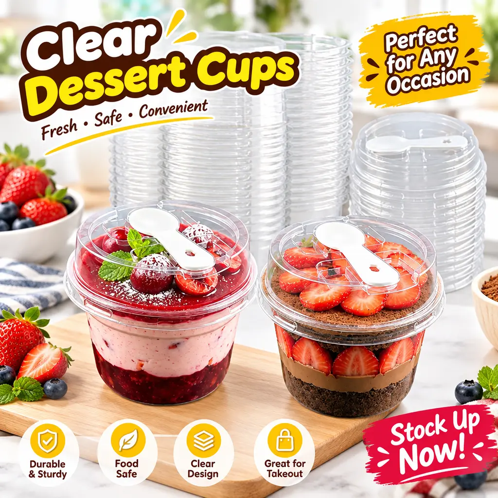 50-Pack Eco-Friendly Transparent Disposable Plastic Cups (5cm) with Snap-On Lids & Mess-Proof Spoons - Durable, Shatter-Resistant, Stackable Containers for Cakes, Mousses, Iced Coffee