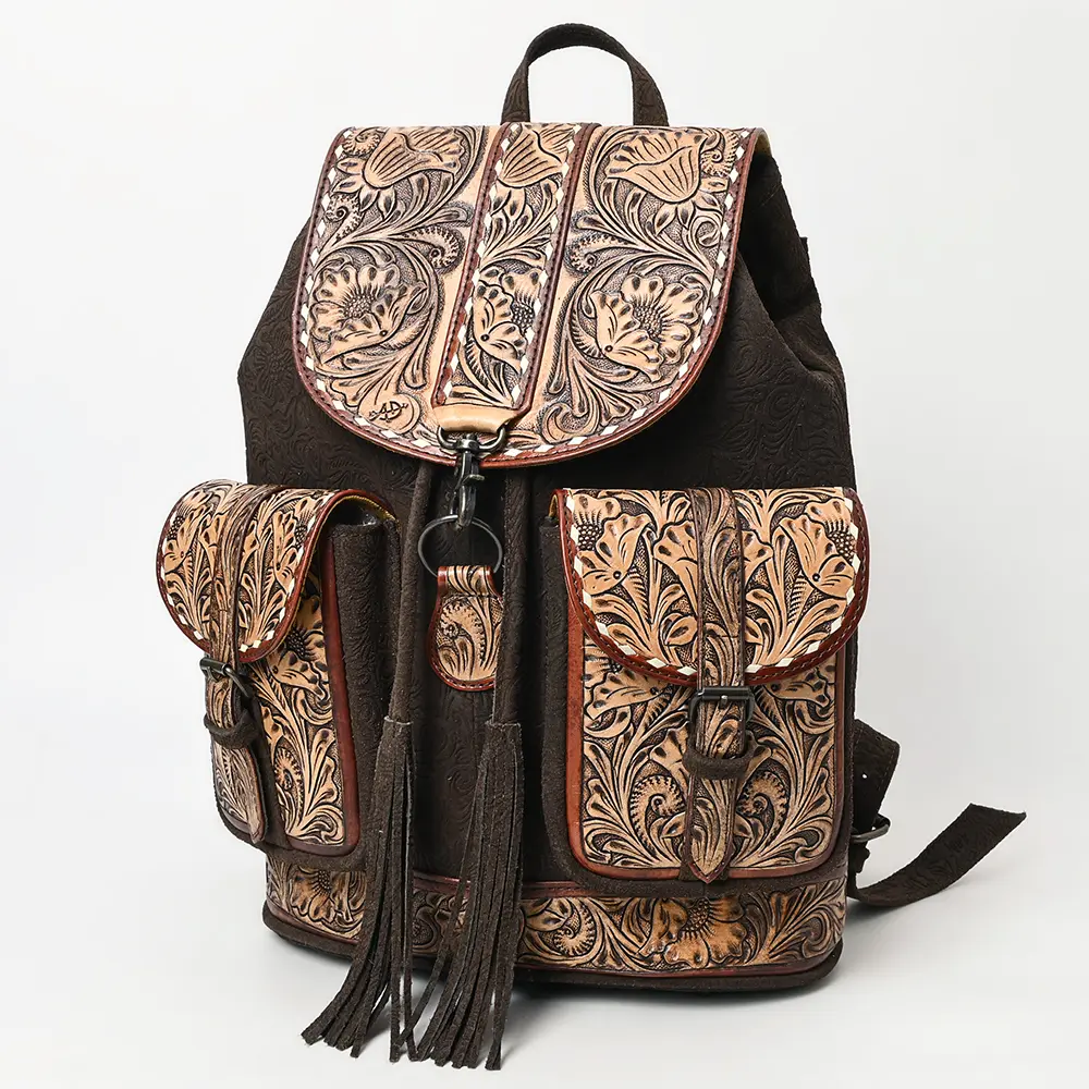 Western Leather Backpack Bag with Hand-Tooled Floral Carving, Genuine Suede Leather, Adjustable Straps, Spacious Interior, Premium Craftsmanship