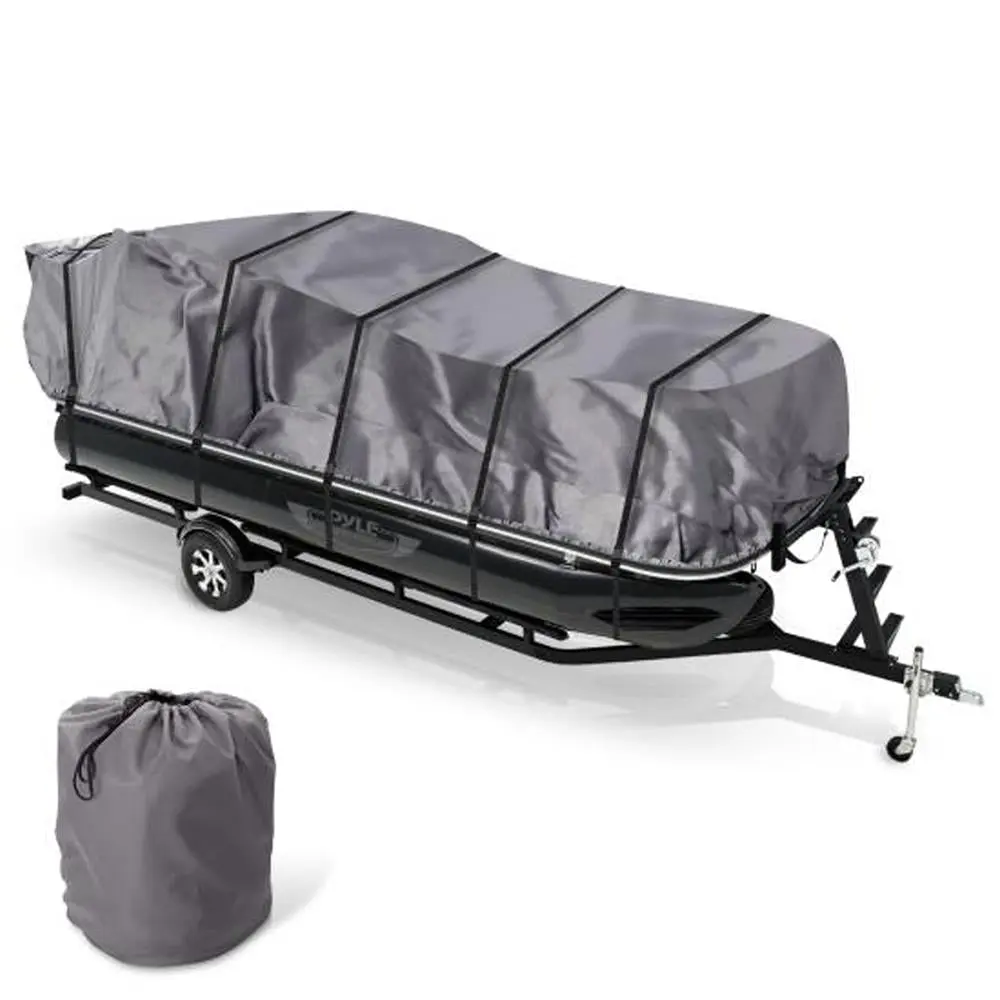 Waterproof Pontoon Boat Cover | Weather Resistant with Adjustable Support Pole - Heavy Duty Marine Canvas, Trailerable Storage Cover