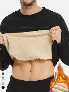 Men's Solid Round Neck Thermal Lined Sweatshirt, Casual Long Sleeve Top for Fall & Winter, Men's Clothes for Daily Wear