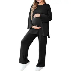 Womens Maternity Pajamas Sets 2 Piece Outfits Long Sleeve Tops and Pregnancy Loungewear Mama Clothes with Pockets