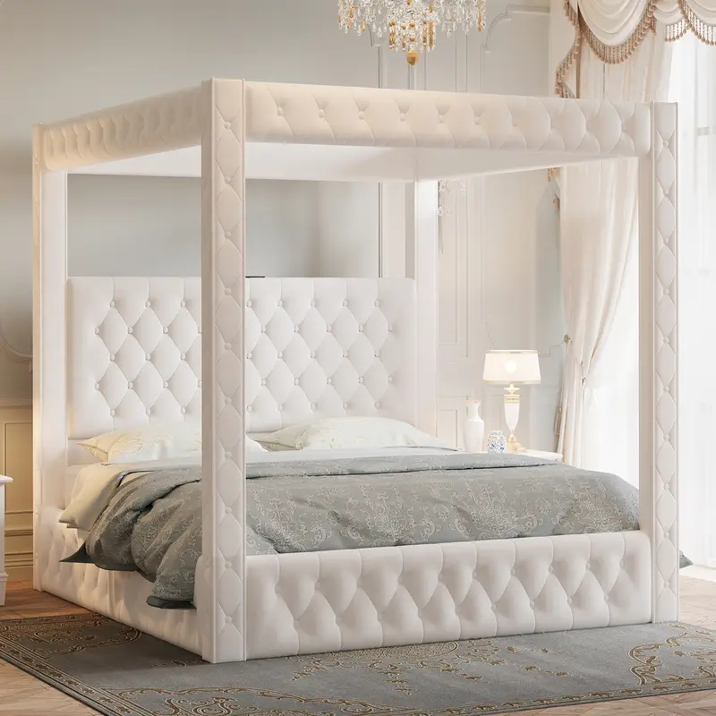 AMERLIFE Canopy Bed Frame with 74.8" Tall Four-Post Design and 51.2" Deep-Tufted Velvet Upholstered Headboard with Charging Station/Modern Light-Luxury Style/No Box Spring Needed[TikTokShopFallDealsForYou]