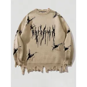 Men's Halloween Sweaters Long Sleeve Crew Neck Ripped Pullover knitted Top, Stylish Design, Aesthetic Cool Warm Loose Fit Comfortable Jumper,Daily life,Hip-hop, Halloween Costume Street wear, Going Out, Fall Winter Clothes