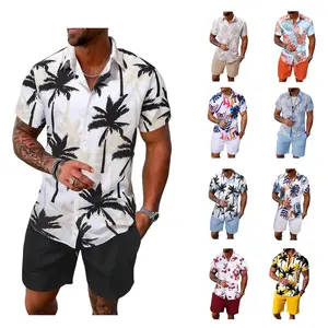 Men's Summer 2 Piece Outfits Tropical Print Short Sleeve Button Down Hawaiian Beach Shirt and Shorts Set