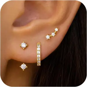 Earrings Set for Women, 3 Pairs Hoop Jacket Studs Earring Stack for Multiple Piercing, Hypoallergenic 925 Sterling Silver Post