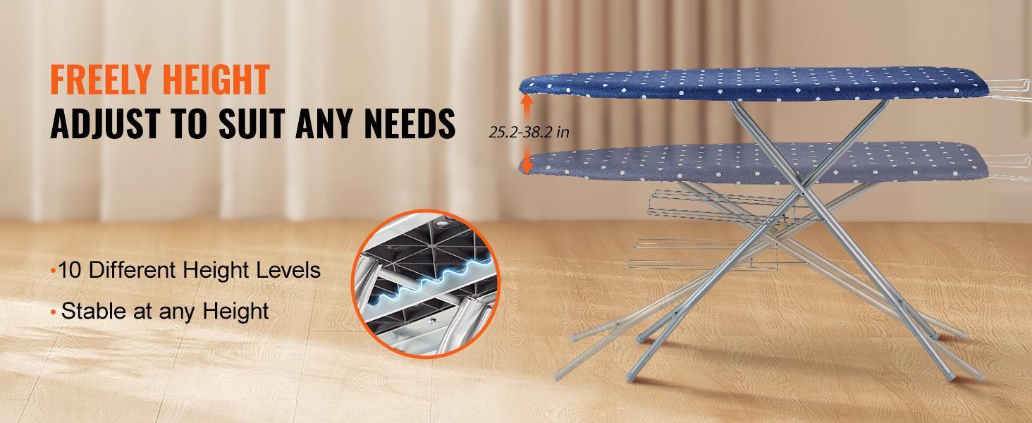 VEVOR Ironing Board with Bottom Storage Tray, Thickened 4 Layers Iron Board with Heat Resistant Cover and 100% Cotton Cover, 10 Adjustable Heights Ironing Board for Home Laundry Room Use (Size 55x15) Accessories Smooth