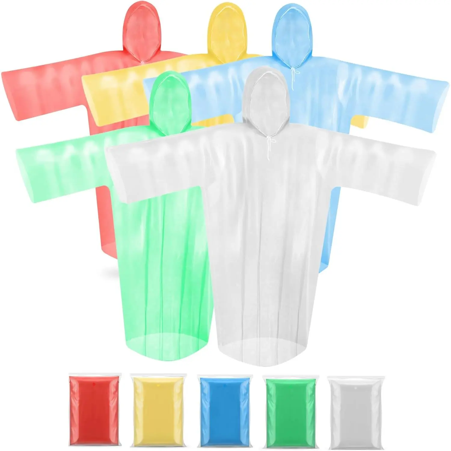 Adult Disposable Rain Ponchos with Hood & Long Sleeves - 5-Pack Lightweight Durable Emergency Raincoats for Outdoor Sports, Clothes-Covering, Grass Activities, Cap-Compatible Home Supplies
