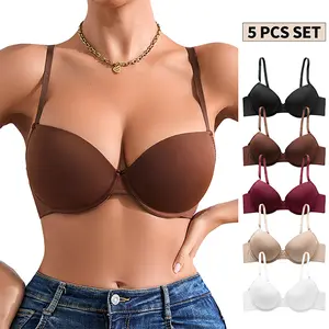 Pack of 5 Women’s Wire-Free Low-Cut Semi Cup Bra, Comfortable for Everyday Wear, Versatile Thin Padding Tee Bra, Women’s Underwear – BA757