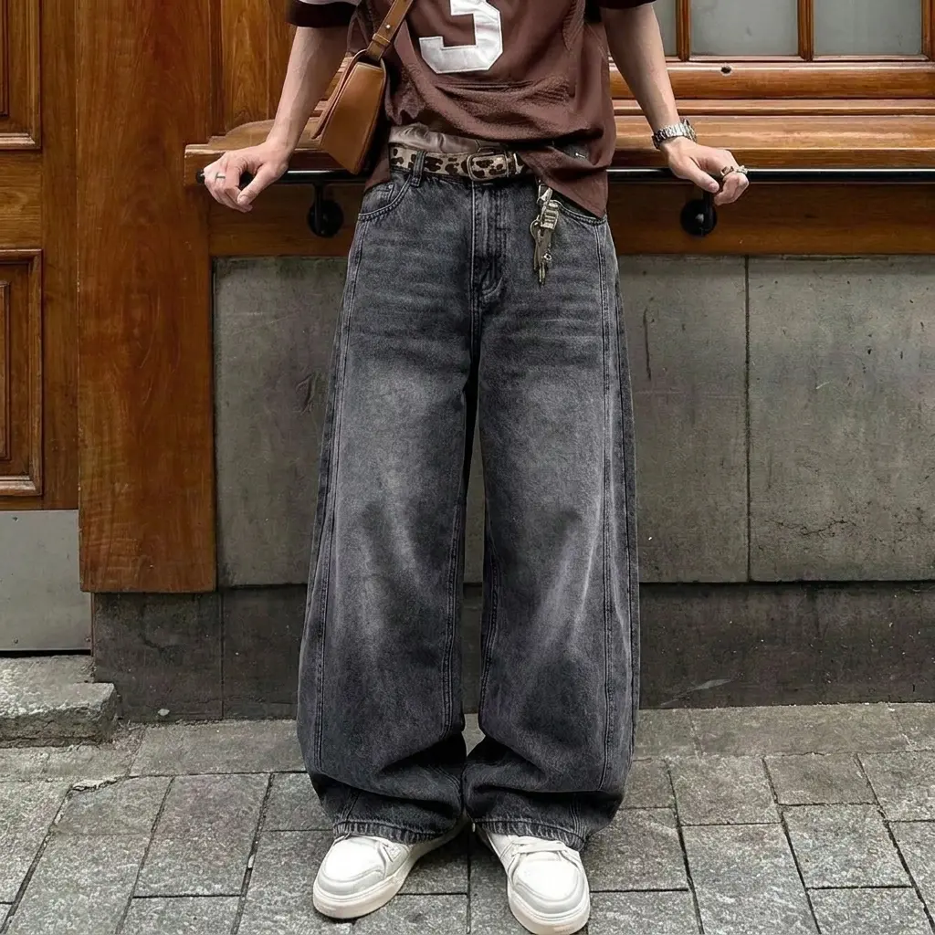 Acid Washed Ash Grey Oversized Wide Leg Denim Jeans Men Outer Vertical Seam Detail Loose Baggy Skate Trousers Y2K Neutral Minimal Streetwear Retro Vintage Relax Fit Pants Ideal For Viral TikTok Street Style Daily Matching Outfits