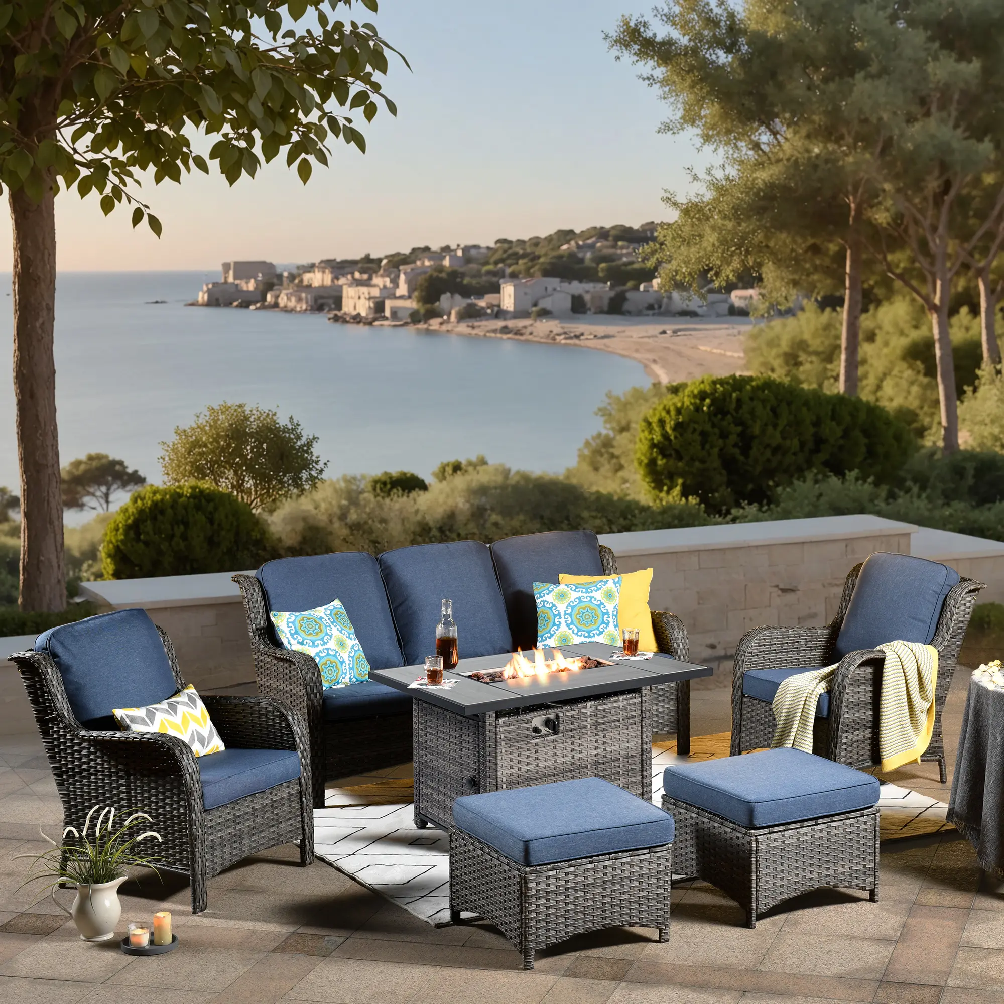 【Summerfinds】OVIOS Kenard 6-Piece Outdoor Patio Conversation Set with 42'' Propane Fire Pit Table, Wicker Sofa Set with Cushions for Backyard Patio Porch Deck Garden Balcony Outdoor Seating Furniture Set