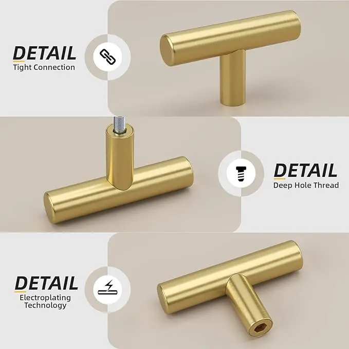 10-Pack Brushed Brass Cabinet Knobs - Single Hole Durable and Stylish Metal Plated Gold Handle, LS201GD 2in Overall Length for Kitchen Cupboards, Dressers, Bathrooms with Minimalist Aesthetic