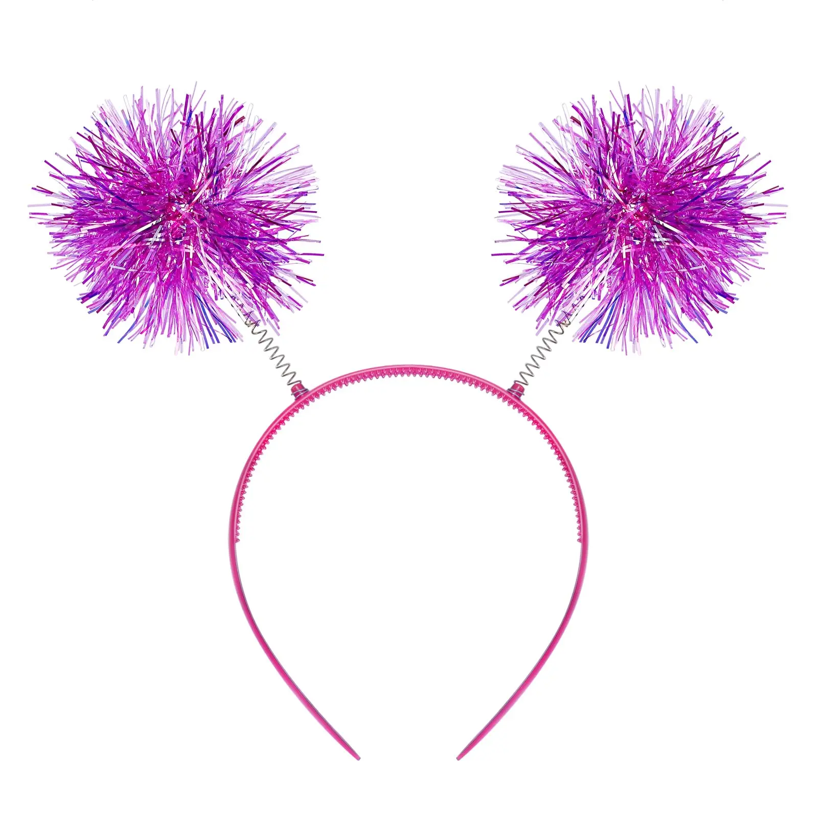 Women & Girls' Hot Pink Foil Tinsel Pom Pom Fashion Headband, Bright Pink Fuzzy Headband for Party Use, Bright Pink Fuzzy Headbands, Fashion Headbands