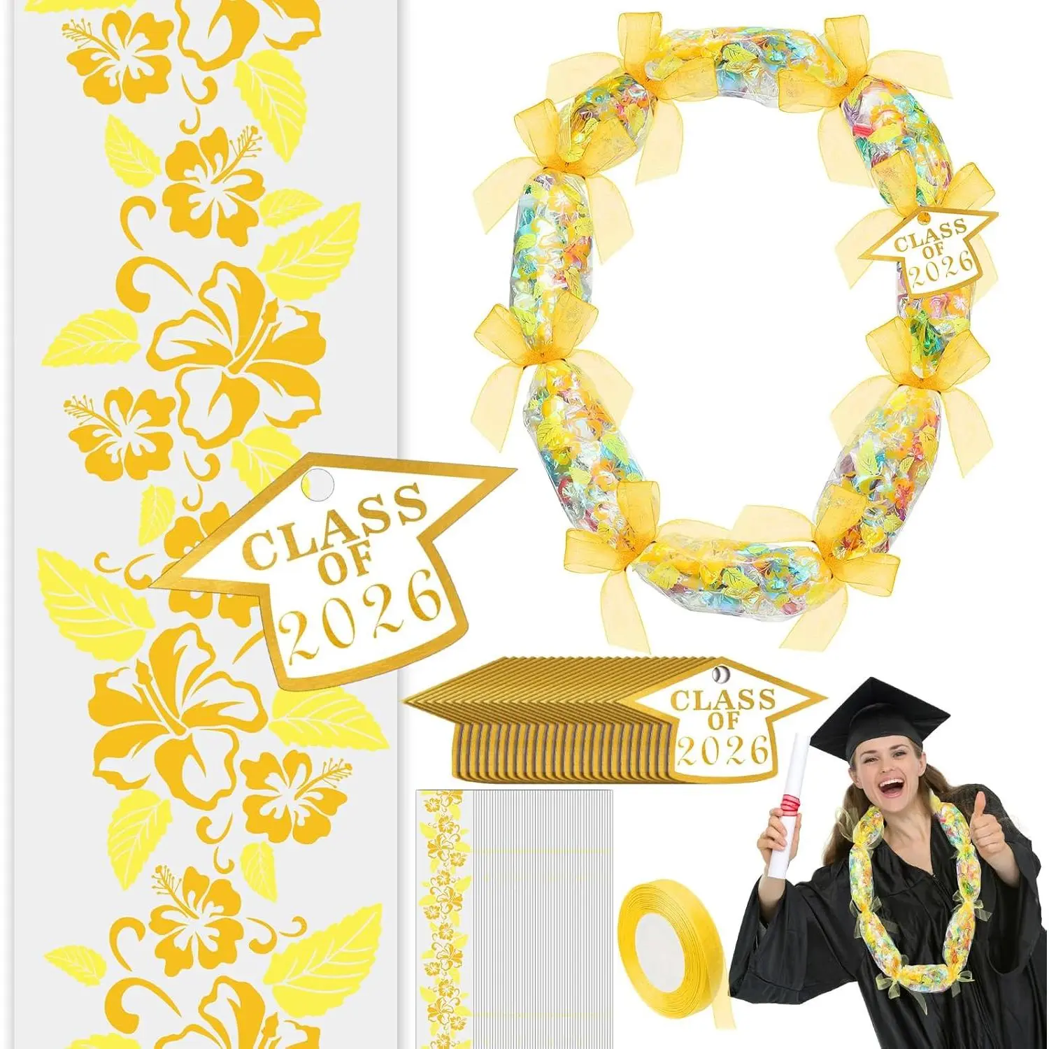 24-Pack Candy Lei Making Kit, Elegant PE Lei Tubing with Flower & Leaf Pattern for 2026 Graduates, 59x2.75" DIY Graduation, Birthday & Anniversary Gifts, Hawaiian, Reusable, Graduations, Pvc, Diy Craft, Ceremony, Handmade Decor, Flower Pattern, 59 X 2.75,