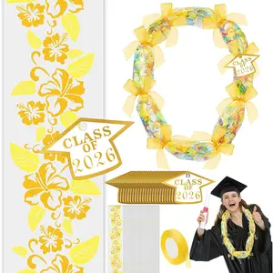 24 Set Candy Lei Tubing Graduation Money Lei Making Kit Class of 2026 Hawaiian Congrats Grad Long Ribbons Dessert Filler for Party Graduate Gifts(Gold)