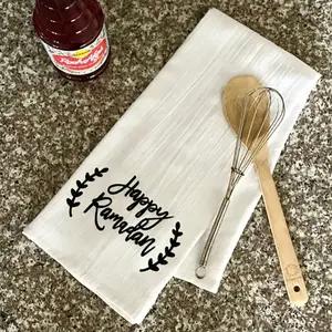 White Soft Happy Ramadan Kitchen Towel 1pcs for Muslim Gift Decoration Farmhouse Vintage Style Ramadan Decor for Muslim Favor Drying Towel