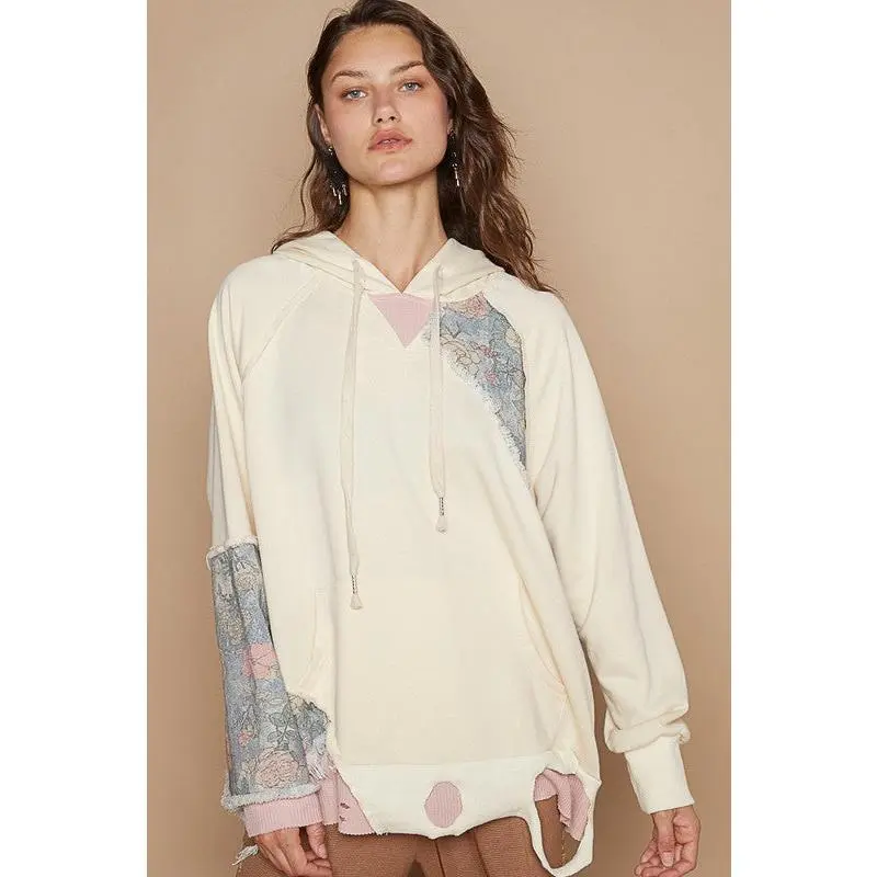 POL Floral Patchwork Distressed Drawstring Hoodie