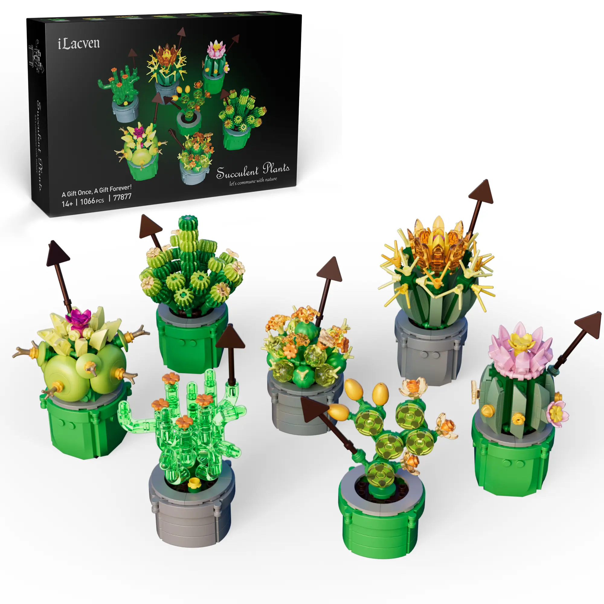 iLacven 7-Pack Botanical Bonsai Flower & Succulent Mini Building Block Kits, 1066 Pcs, Ages 6+, Kids' Party Favors & Birthday Gifts