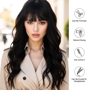 HAIRCUBE 26 Inches Long Curly Black Wigs with Bangs Synthetic Wigs Women Wigs for Daily or Cosplay Use