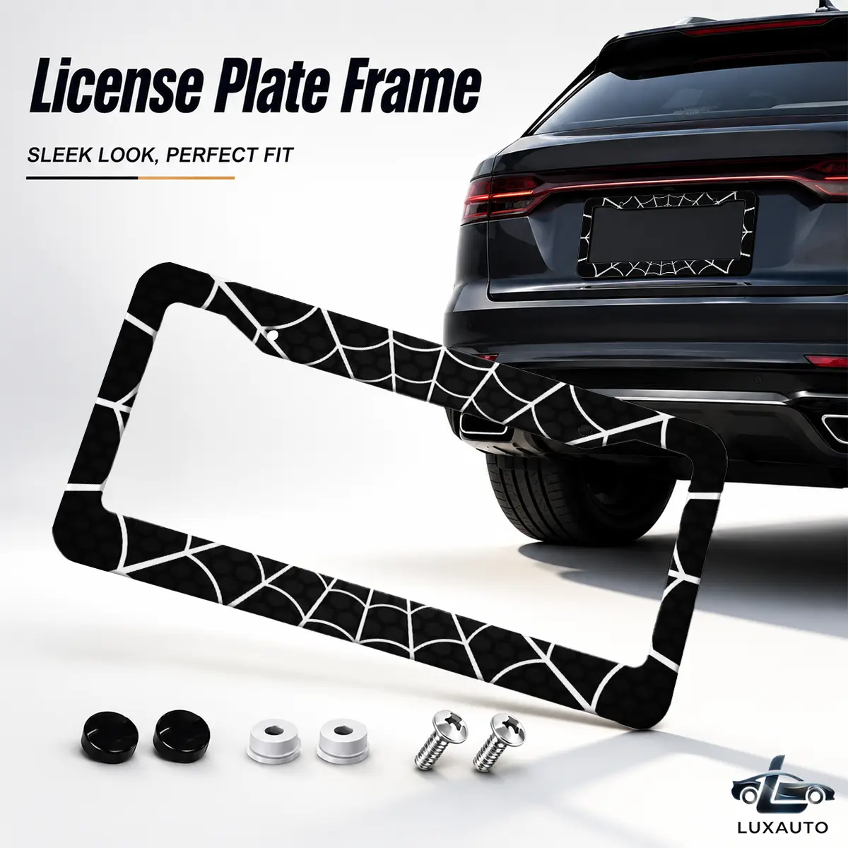 Gothic Spooky Black Spider Web Aluminum License Plate Frame, Universal 12.2x6.3 in Car Tag Holder with Screws & Caps, Automotive Car Accessories