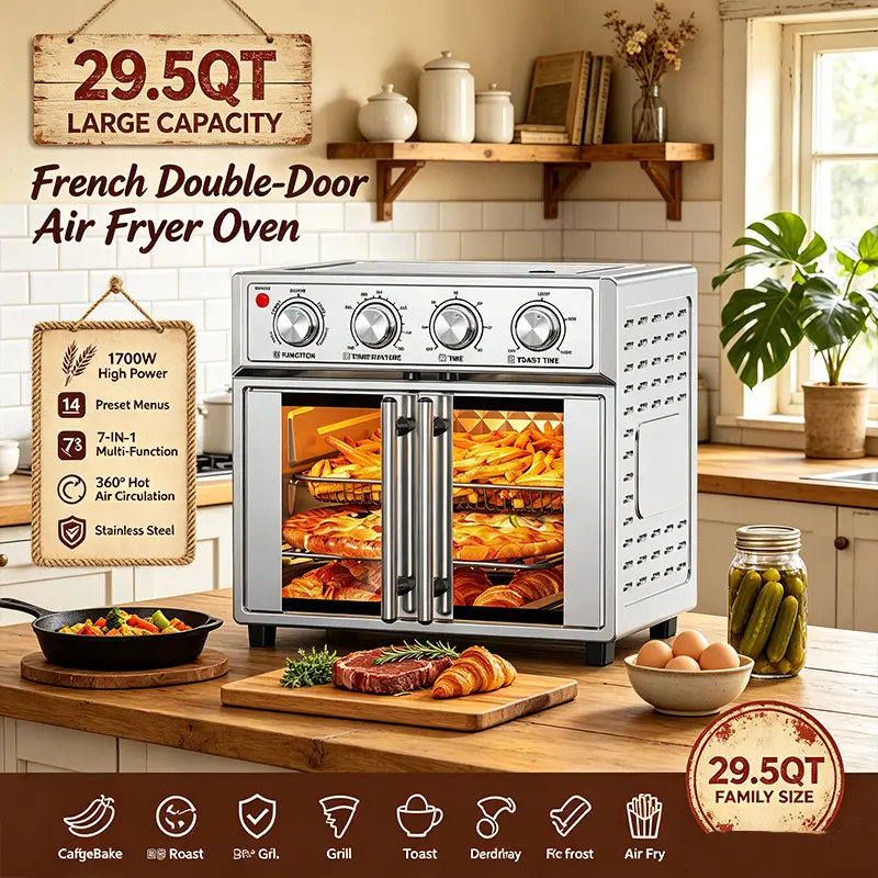 29.5QT Extra Large Air Fryer Toaster Oven Combo, 1700W Powerful Convection Countertop Oven with Double Glass Doors, Stainless Steel, Bake Broil Toast Rotisserie Pizza, Family Size Kitchen Appliance for Healthy Oil-Free Cooking