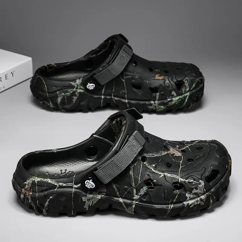 Men's Adjustable Band Anti-Slip Sole Graphic Print EVA Platform Clogs - EVA Upper Footwear, Breathable Round Toe Slide, Quick-Dry Hollow Thick Sole, Casual Outdoor Slippers for Beach, Hiking (Black, White, Khaki)