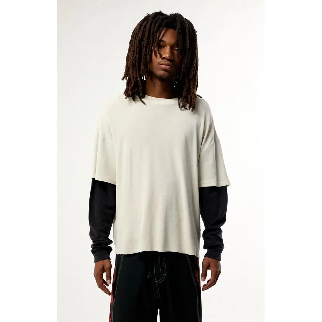 Pacsun Men's Cream Waffle Knit 2Fer Layered Long Sleeve T-Shirt