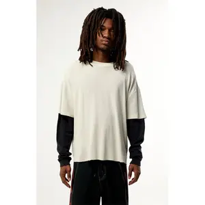 Pacsun Men's Cream Waffle Knit 2Fer Layered Long Sleeve T-Shirt