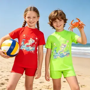 Kids Cute Rash Guard Set, Boys Girls Ocean Seashell Mermaid Print Two‑Piece Short Sleeve Swimsuit, Summer Beach Pool Swimwear for Toddlers