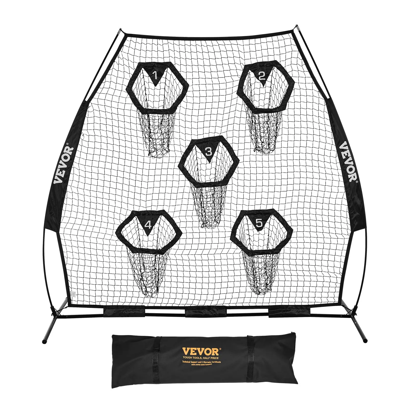VEVOR 7x7 ft Knotless Football Practice Net Hand Tool Kit, Football Accessories with 5 Target Pockets, Straps, Portable Carry Case, Easy Installation, Reinforced Base Connection for Passing Drills & QB Accuracy Improvement, Black, 7 X 7 Ft