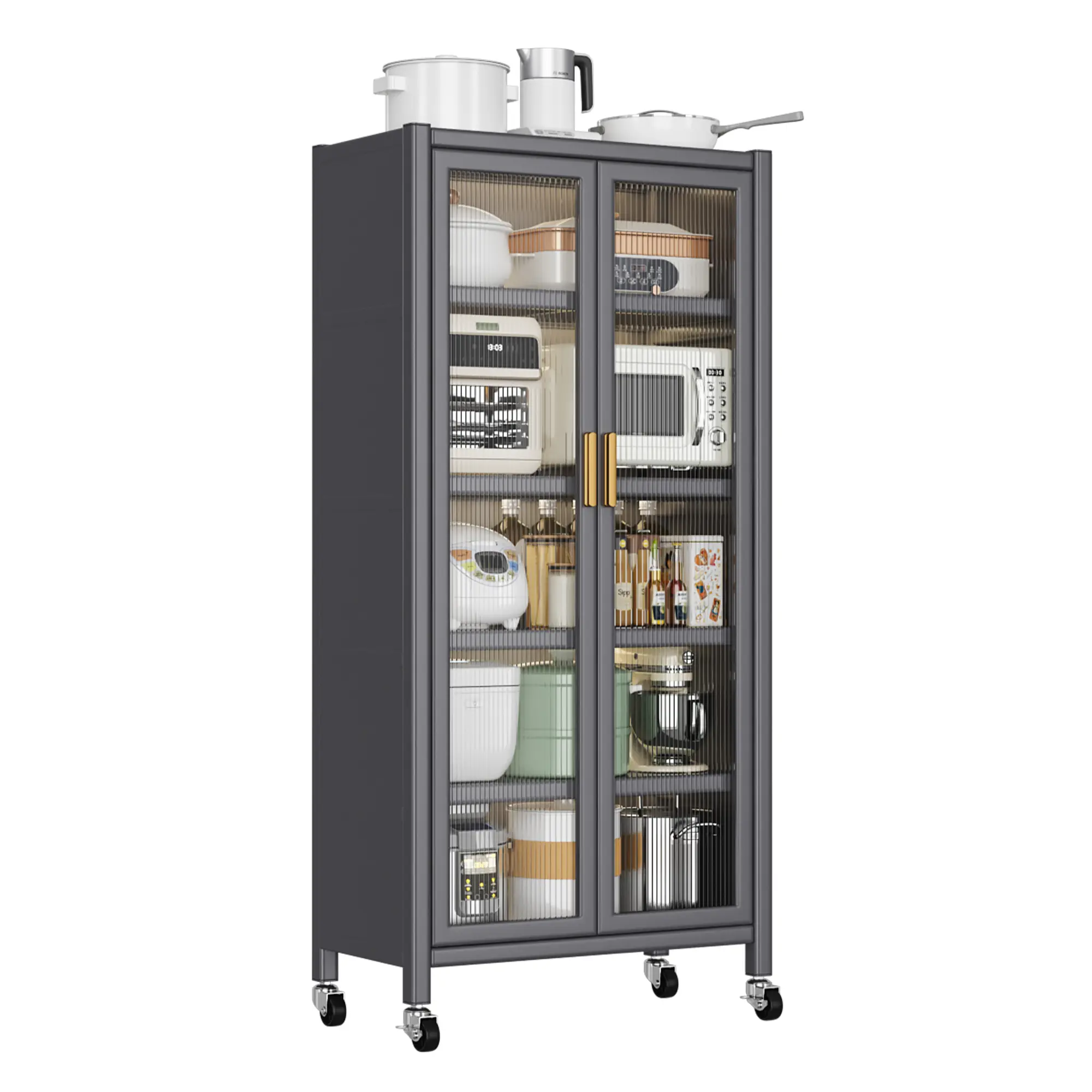 Grey Floor-to-Ceiling Open-Door Kitchen Cabinet - Durable, Easy-Open, Glass-Front, Metal-Filled Floor Cabinet with Multilevel Storage for Microwaves, Bowls, Household Side Use, Durable Floor Cabinets, Easy-Open Floor Cabinets
