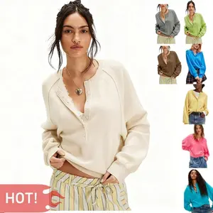 Women's long sleeved sweater top half buttoned sweater Henry collar casual lightweight solid color pullover knittedRAIMENTRY