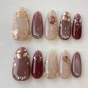 NS3 Burgundy Nude Gold Rose Press-On Nails, 3D Gold Floral & Leaf Details, Wine Red Accent with Foil Flakes, Glossy Almond Shape, Custom Press-On Nail, Elegant Fall Glam, Gifts for Her, Solana Nails Town