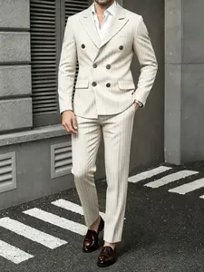 Men's 2-Piece Blazer Set, British Style Striped Double-Breasted Suit Jacket and Pants, Business Casual, Wedding Party, Evening Event