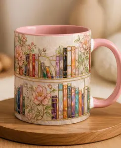 Stained-Glass Style Floral Bookshelf Mug, Book Lover Gift, Bookish Mug, Library Cup